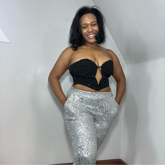 Baddie Silver Sequins Joggers Going Out Party Stretchy Pants Sporty Concert Glam - Picture 5 of 12